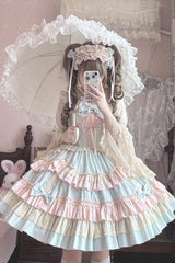 Blue/Pink Candy Sleeveless Multi-Layered Ruffle Bowknot Lace-Up Sweet Lolita Tiered Dress - Product - 5