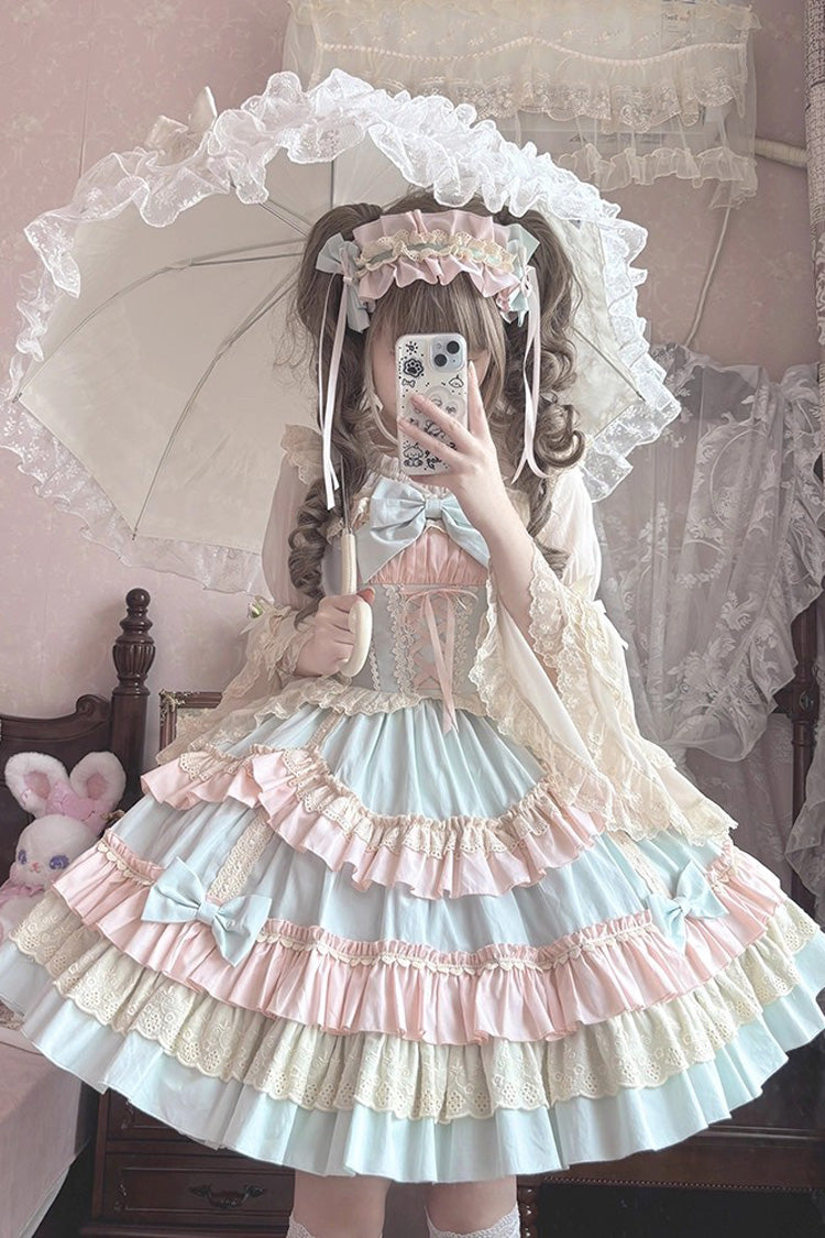 Blue/Pink Candy Sleeveless Multi-Layered Ruffle Bowknot Lace-Up Sweet Lolita Tiered Dress - Product - 5