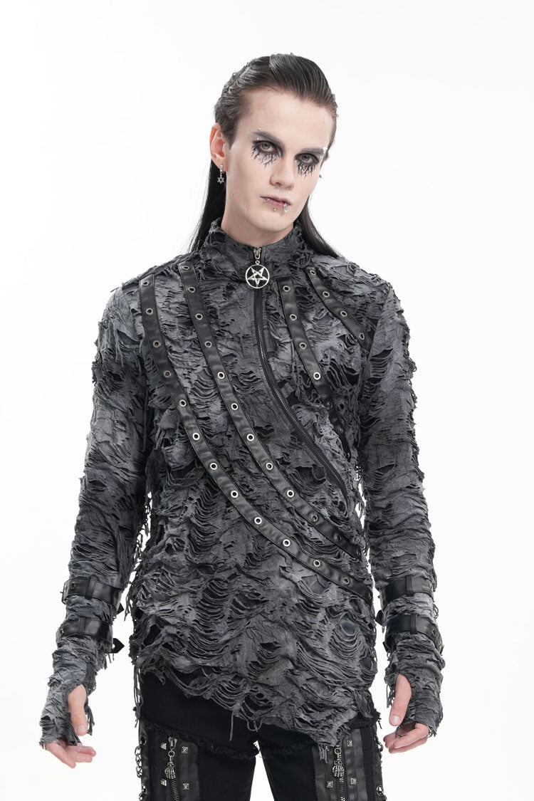 Black Stand Collar Ripped Eyelets Strap Men's Gothic T-Shirt - Product - 6