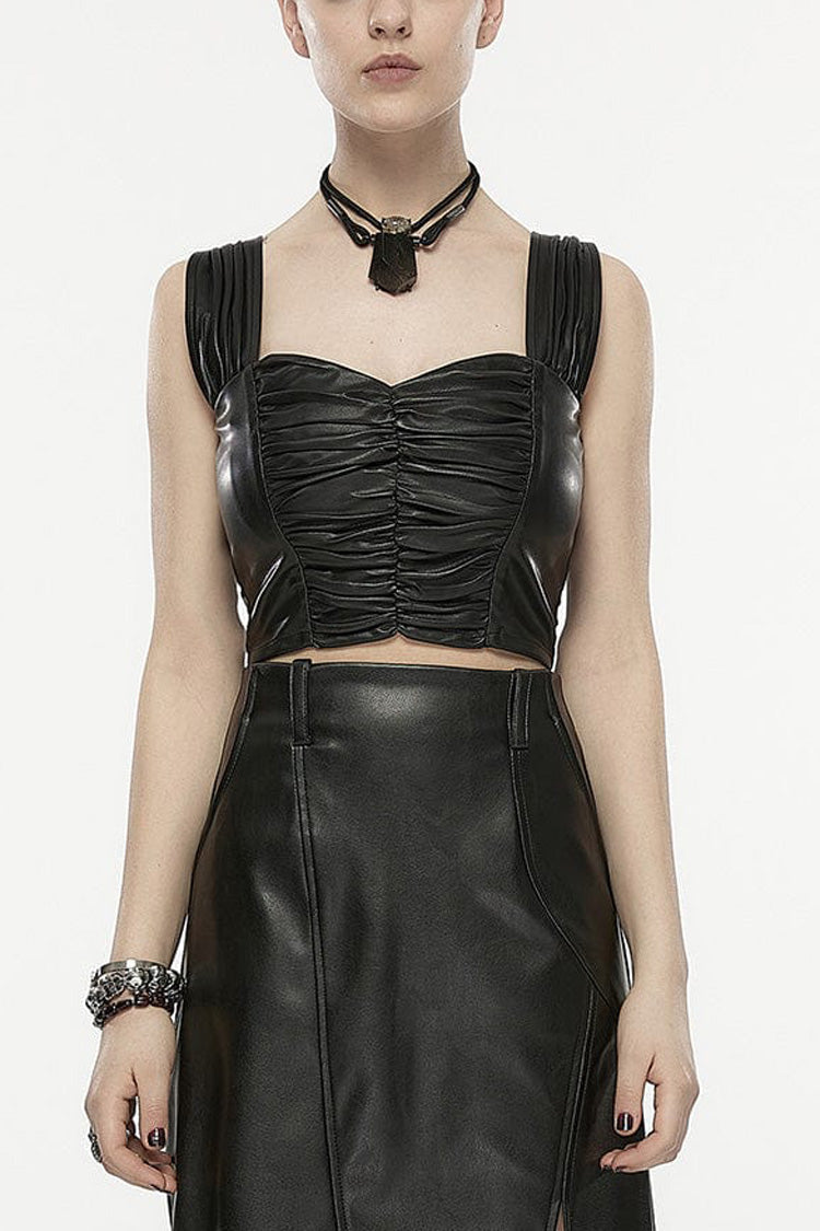 Black Square Collar Faux Leather Women's Punk Vest - Black - 1
