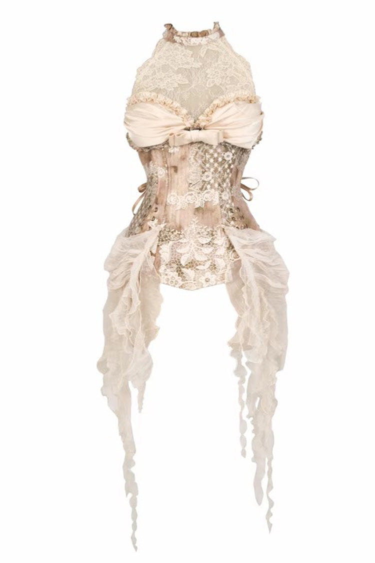 Golden [Cupid’s Poetry Box] Halterneck Ruffled Embroidered Bow Lace Slim Fishbone Gothic Lolita Top and Skirt Dress Set - Top - 9