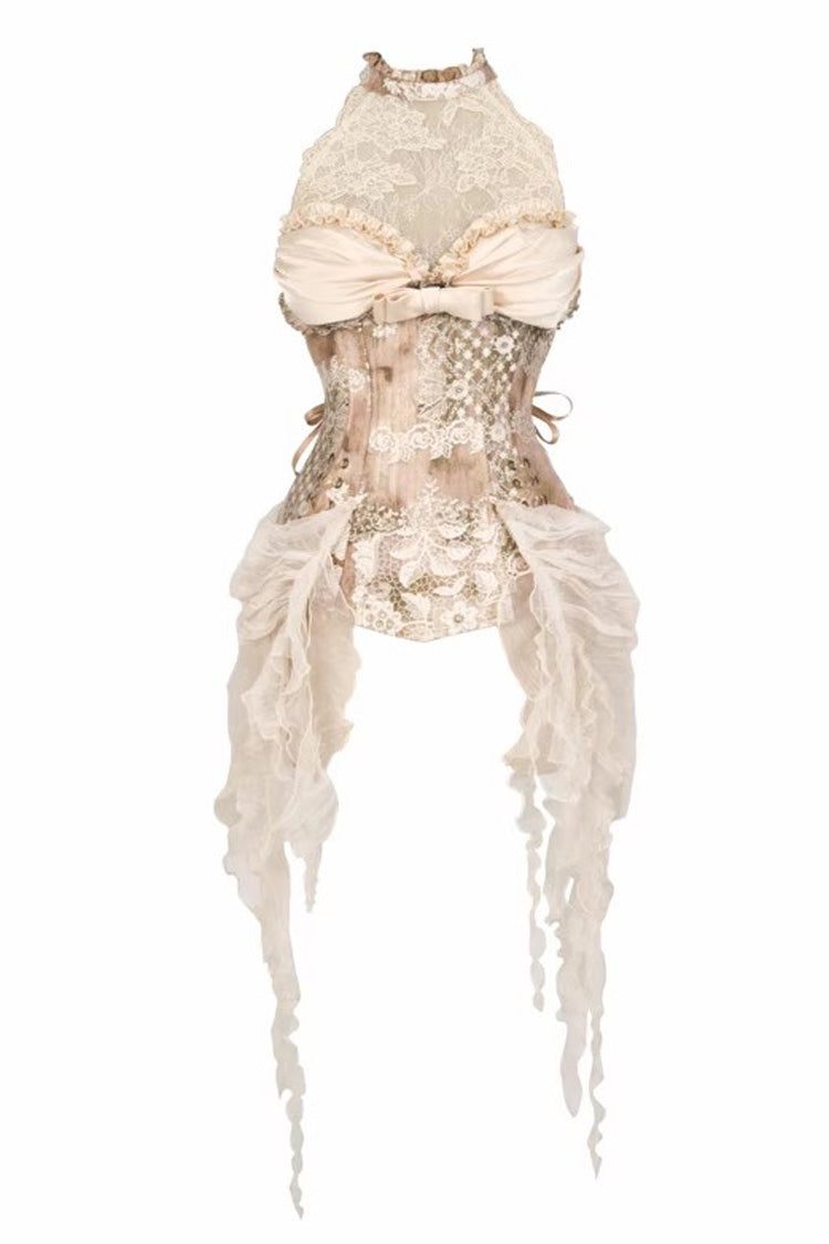 Golden [Cupid’s Poetry Box] Halterneck Ruffled Embroidered Bow Lace Slim Fishbone Gothic Lolita Top and Skirt Dress Set - Top - 9