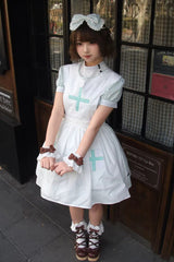 Light Green [Mint Prescription] Stand Collar Short Sleeves Vertical Stripe Printed Bow Sweet Lolita Nurse Dress - Product - 13