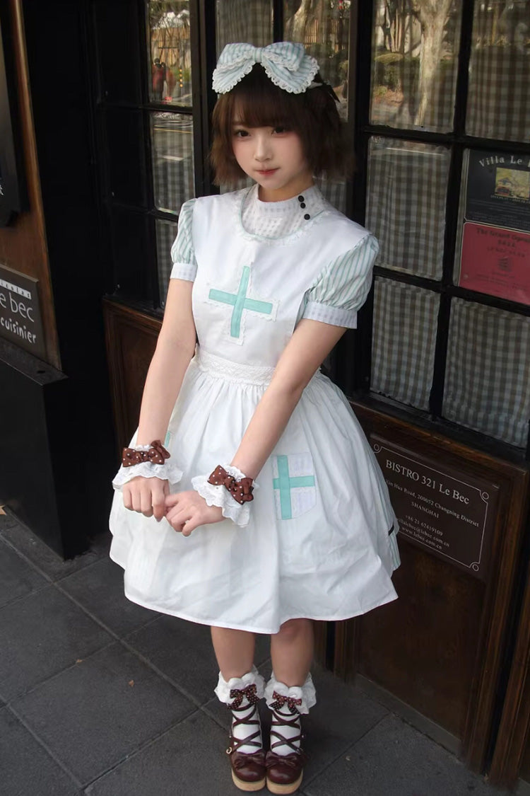 Light Green [Mint Prescription] Stand Collar Short Sleeves Vertical Stripe Printed Bow Sweet Lolita Nurse Dress - Product - 13