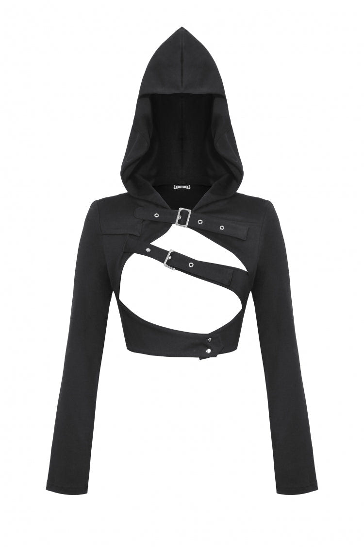 Black Long Sleeves Cut-Out Buckled Women's Punk Shrug with Hood - Product - 3