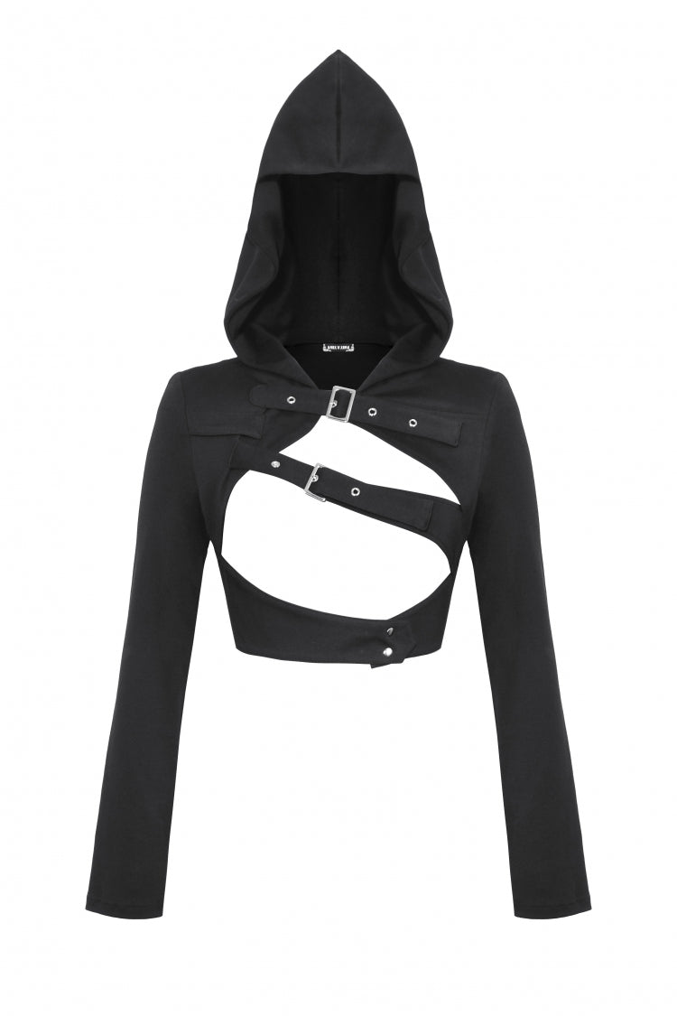 Black Long Sleeves Cut-Out Buckled Women's Punk Shrug with Hood - Product - 3