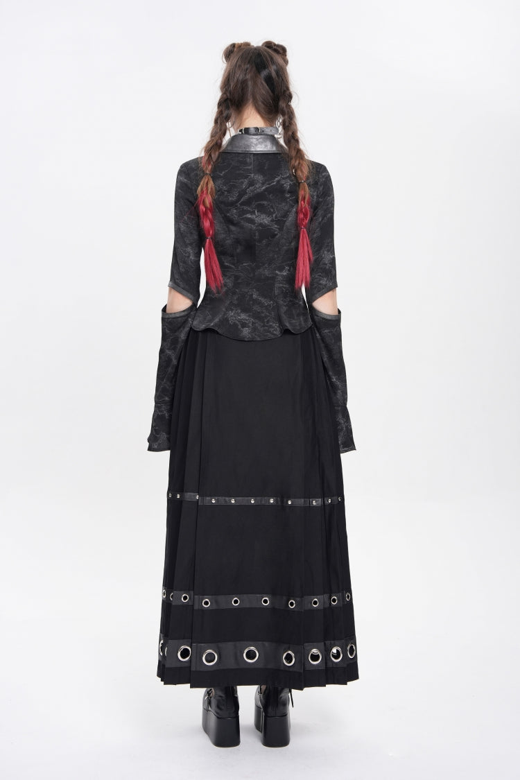 Black Lapel Collar Long Sleeves Print Lace-Up Cutout Women's Punk Blouse - Product - 10