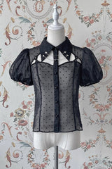 Black Chain Short Puff Sleeves Print Gothic Lolita Blouse - Black - 1
