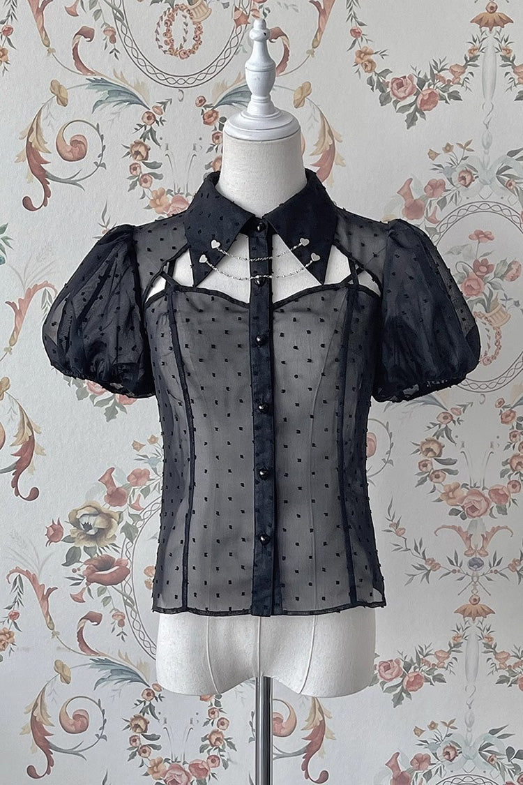 Black Chain Short Puff Sleeves Print Gothic Lolita Blouse - Black - 1