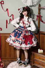 Mint Strawberry Dessert Print Natural Waisted Ruffle Bowknot Sweet Lolita JSK Dress 4 Colors - Blue - 4
