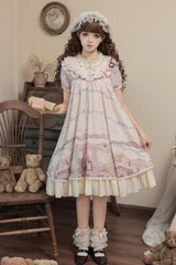 Pink [Brown Dollhouse] Short Sleeves Bear Printed Ruffled Bow Sweet Lolita Dress Set - Product - 6