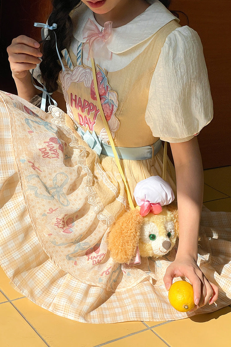 Yellow [Happy Day] Short Sleeves Triple-Layered Print Bowknot Lace Sweet Princess Lolita Dress - Product - 15