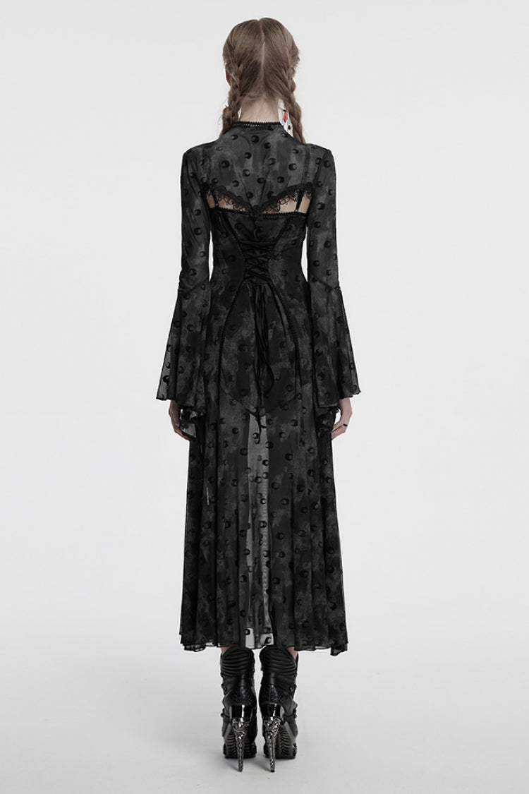 Grey Long Sleeves Print Hollow Mesh Women's Gothic Slip Dress with Cape - Product - 3