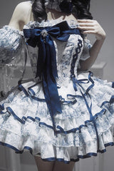 Blue/White Sleeveless Multi-Layered Print Bowknot Fishbone Sweet Classic Chinese Style Lolita Jsk Short Dress - Product - 9