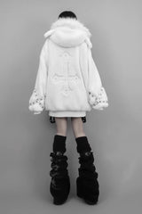 White Long Sleeves Lamb Ears Hooded Rivet Punk Japanese Jirai Kei Coat - Product - 3