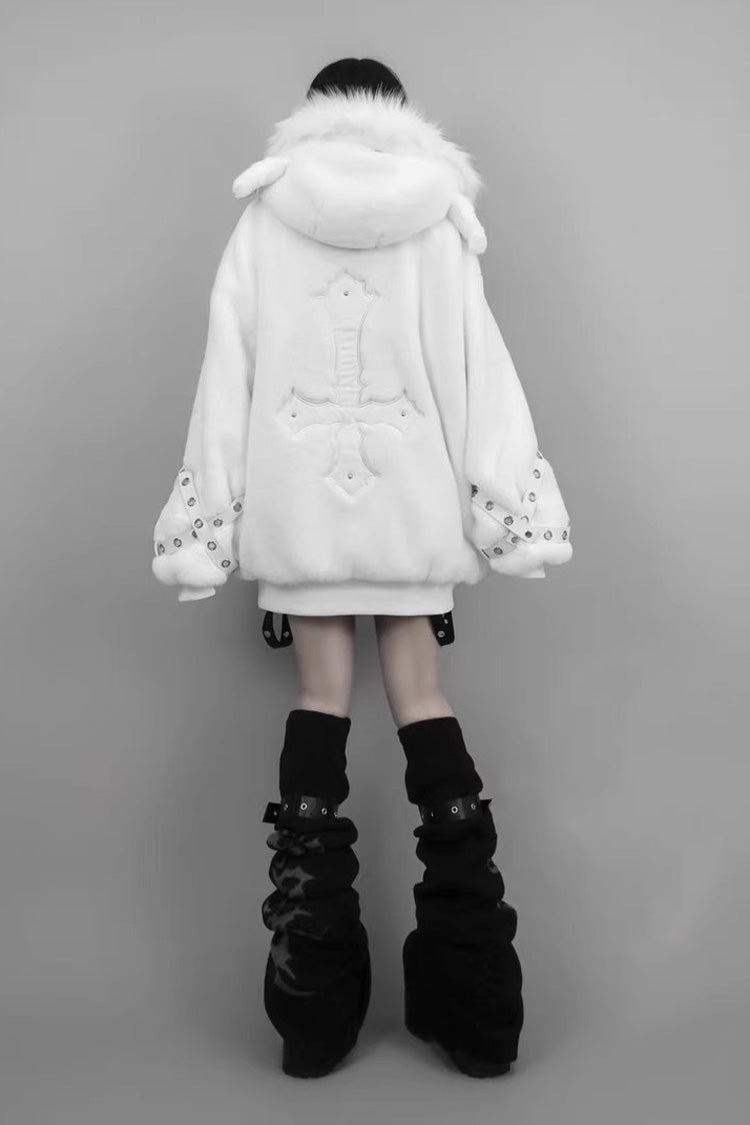 White Long Sleeves Lamb Ears Hooded Rivet Punk Japanese Jirai Kei Coat - Product - 3