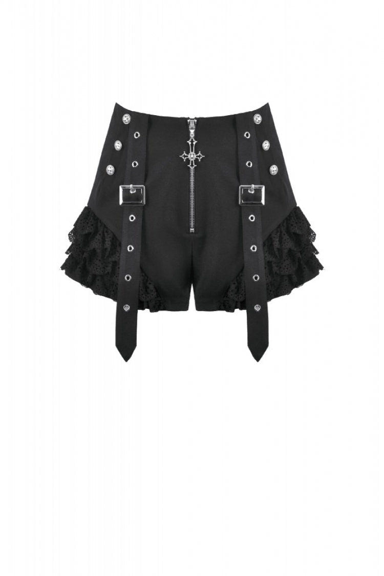 Black High Waisted Ruffled Lace Patchwork Buckled Straps Cross Zippered Women's Punk Shorts - Product - 3
