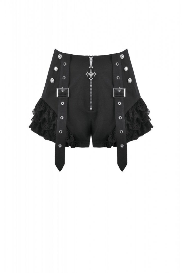 Black High Waisted Ruffled Lace Patchwork Buckled Straps Cross Zippered Women's Punk Shorts - Product - 3