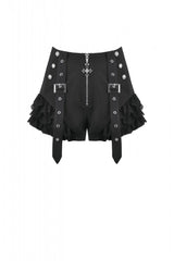 Black High Waisted Ruffled Lace Patchwork Buckled Straps Cross Zippered Women's Punk Shorts - Product - 3