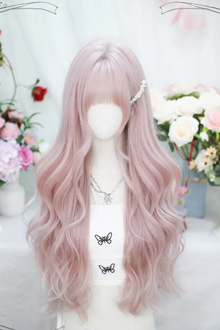 Pink Short Bangs Sweet Lolita Long Curly Wigs - Pink - 1