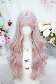 Parrucca lunga riccia rosa con frangia corta Sweet Lolita vista frontale