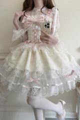 Apricot [Fleishi Island] Sleeveless Ruffle Bowknot Lace Slim Sweet Ballet Lolita Jsk Dress - Product - 7