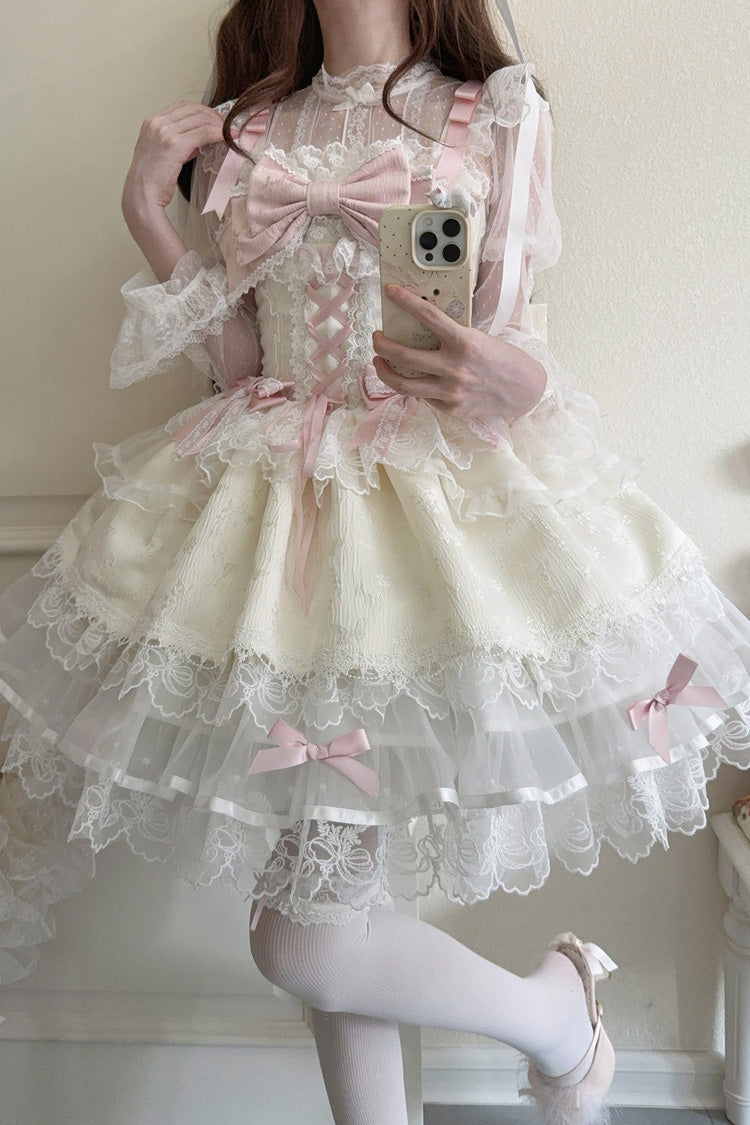 Apricot [Fleishi Island] Sleeveless Ruffle Bowknot Lace Slim Sweet Ballet Lolita Jsk Dress - Product - 7
