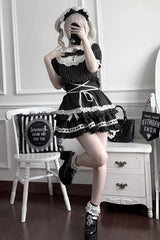 Black [Starry Tulle] Doll Collar Short Sleeves Double-Layered Striped Printed Ruffled Bow Gothic Jirai Kei Japanese Skirt Set - Product - 9