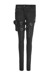 Black Removable Pocket Buttonhole Trim Skinny Stretch Denim Women's Punk Trouser - Product - 4