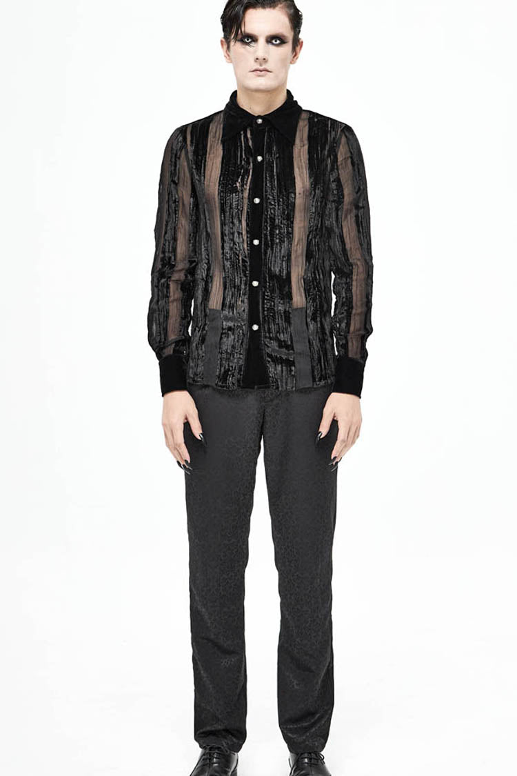 Black Striped Velvet Fold Mushroom Metal Buckles Long Sleeve Irregular Men's Gothic Shirt - Product - 6
