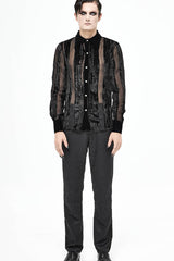 Black Striped Velvet Fold Mushroom Metal Buckles Long Sleeve Irregular Men's Gothic Shirt - Product - 6
