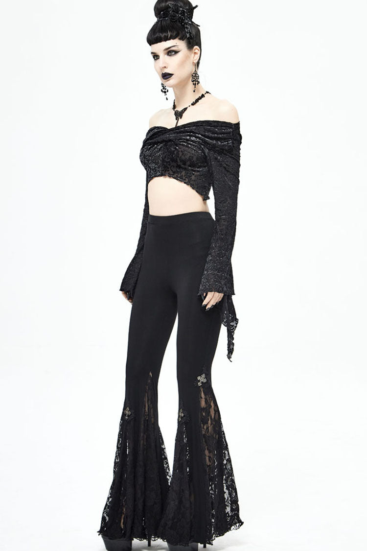 Black Long Sleeve Burnt Velvet Off-Shoulder Women's Punk Shirt - Product - 6