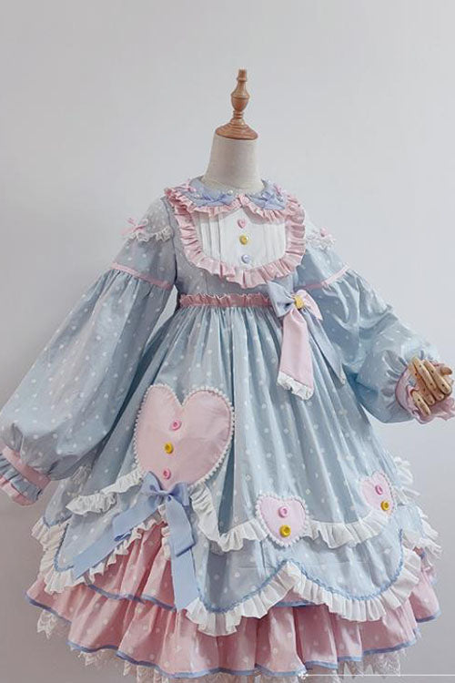Blue Pop Sugar Bowknot Long Sleeves Love Pocket Decoration Multi-Layer Ruffled Sweet Lolita OP Tiered Dress - Blue - 1