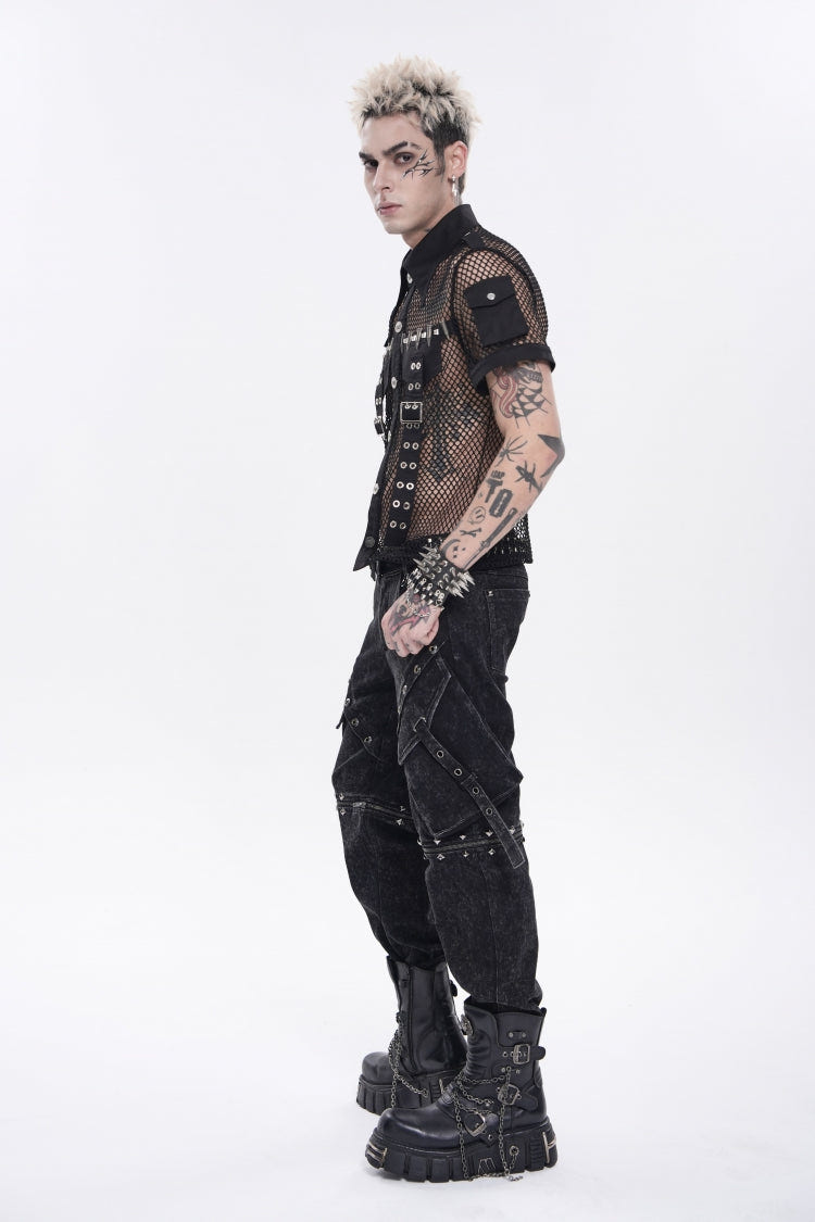 Black Lapel Collar Short Sleeves Cut-Out Spliced Sheer Mesh Studded Eyelet Men's Punk Small Pockets Cool Shirt - Product - 9
