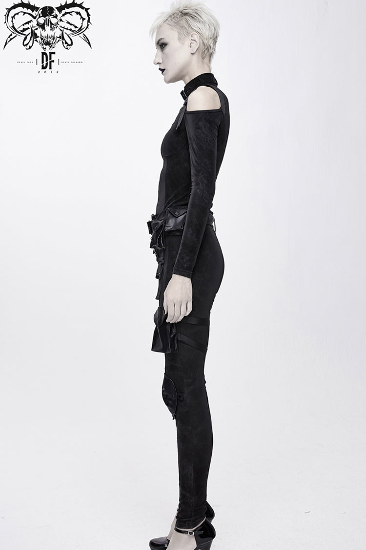 Black Hasp Knitted Collar Off-Shoulder Ribbon Irregular Floral Pattern Stretch Women's Punk Coat - Product - 8