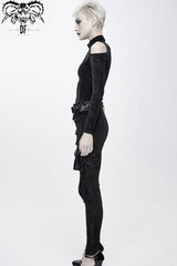 Black Hasp Knitted Collar Off-Shoulder Ribbon Irregular Floral Pattern Stretch Women's Punk Coat - Product - 8