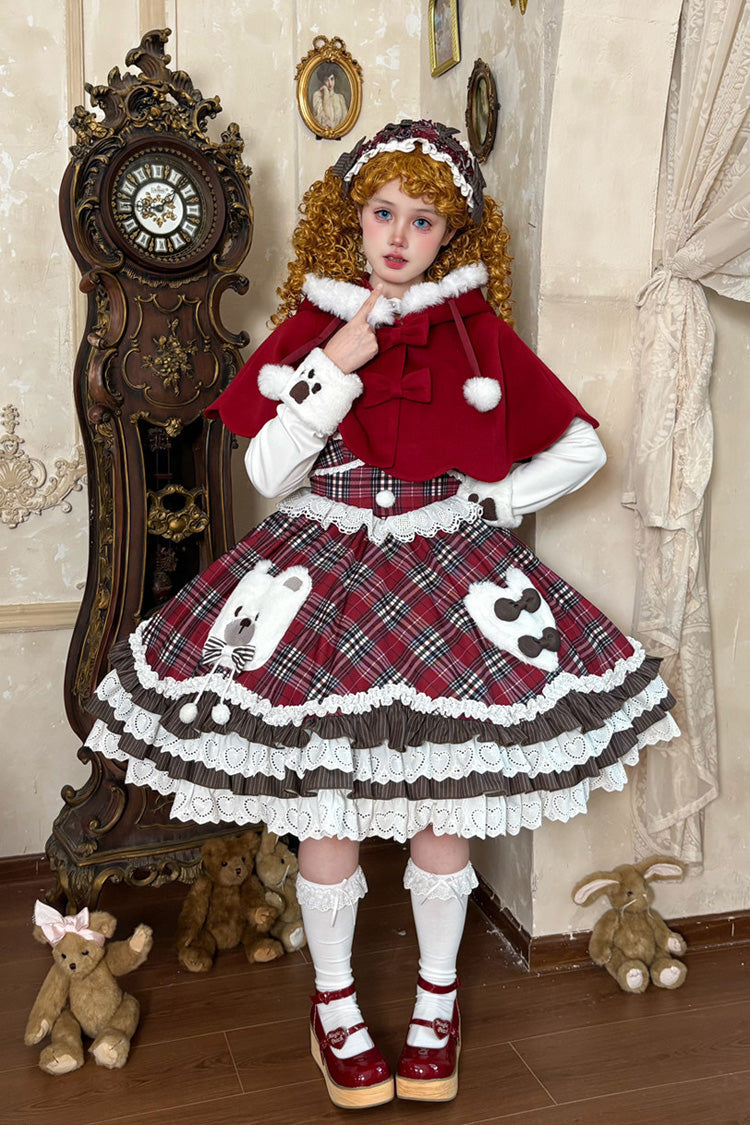Red Long Sleeves Triple-Layered Printed Ruffled Bow Sweet Lolita Jsk Dress Set - Red - 1