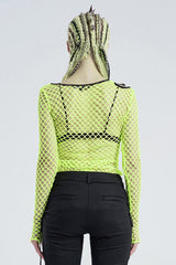 Green Long Sleeve Round Collar Shoulder Hollow Out Leather Hasp Coarse Mesh Women's Punk T-Shirt - Product - 4
