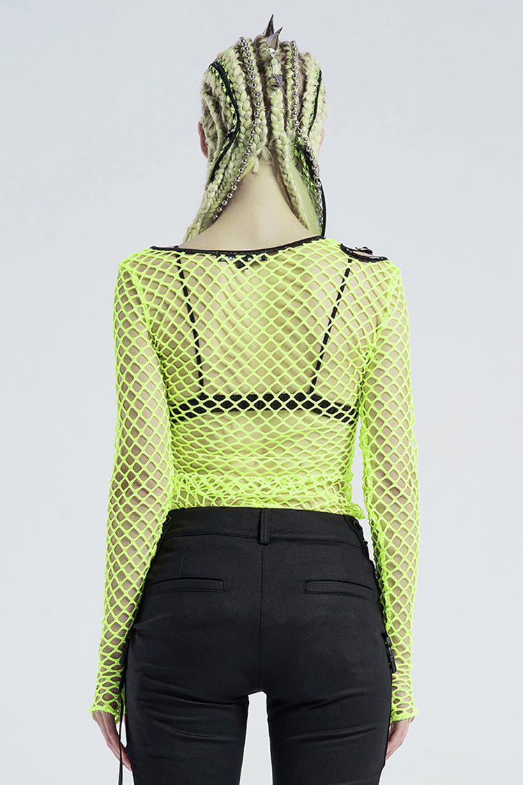 Green Long Sleeve Round Collar Shoulder Hollow Out Leather Hasp Coarse Mesh Women's Punk T-Shirt - Product - 4