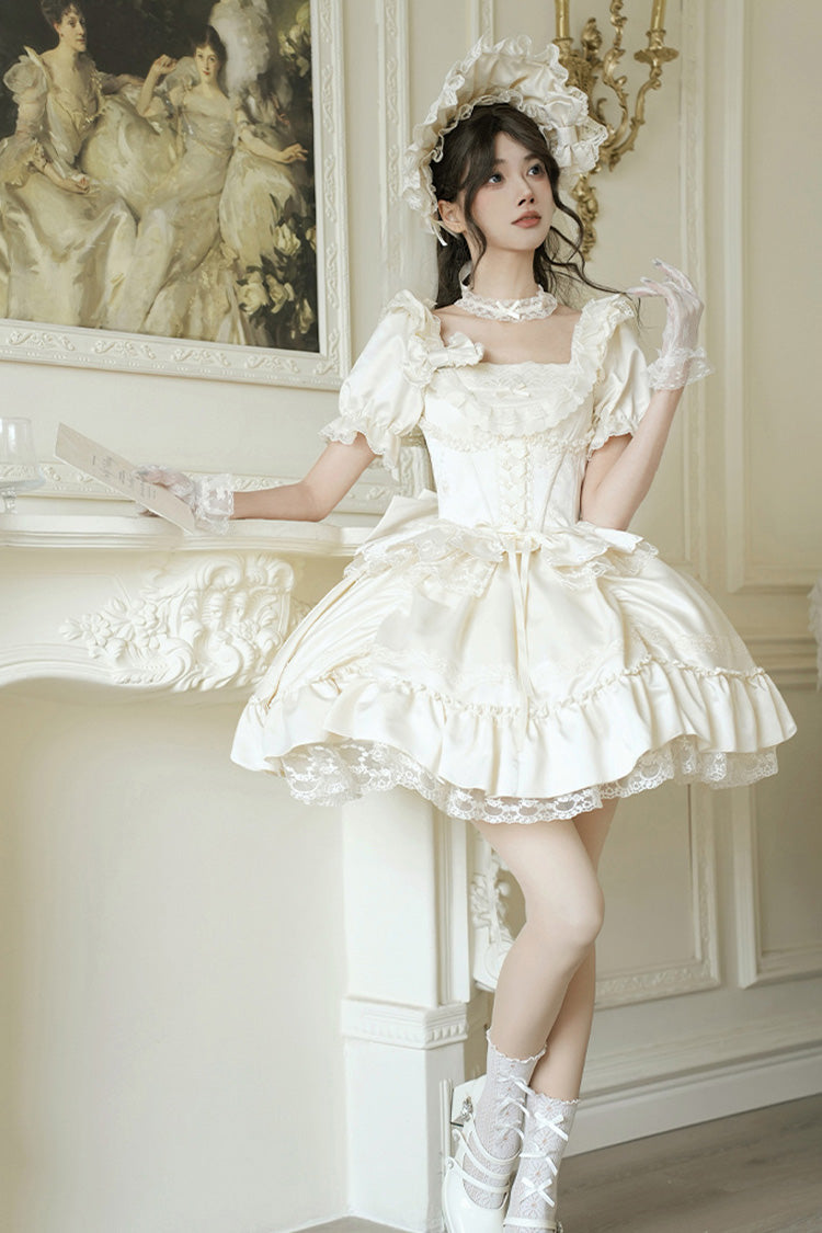 White [Letters and Poems] Square Collar Short Sleeves Ruffle Hanayome Bowknot Sweet Elegant Gorgeous Lolita Dress - Product - 3