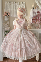 [Daydream Rose] Short Sleeves Floral Jacquard Print Ruffle Embroidery Bowknot Sweet Lolita Dress 3 Colors - Product - 15