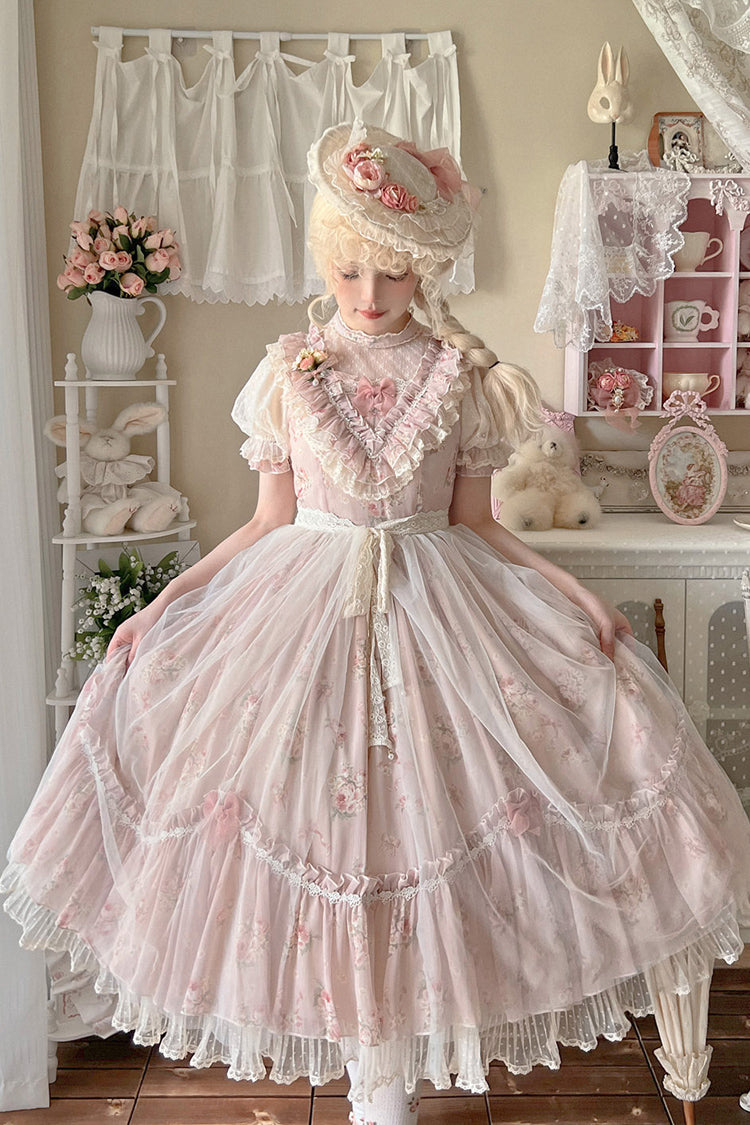 [Daydream Rose] Short Sleeves Floral Jacquard Print Ruffle Embroidery Bowknot Sweet Lolita Dress 3 Colors - Product - 15