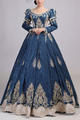 Long Sleeves High Waisted Hollow Embroidery Print Victorian Lolita Prom Dress - Blue - 1