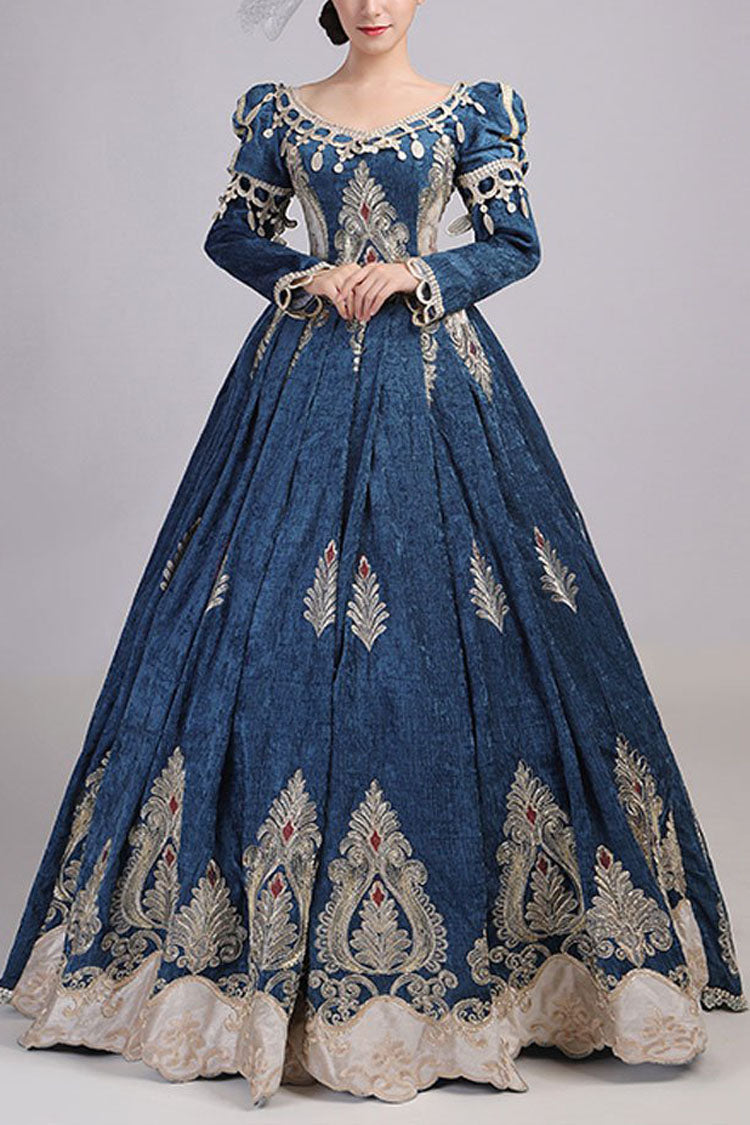 Long Sleeves High Waisted Hollow Embroidery Print Victorian Lolita Prom Dress - Blue - 1