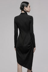 Black Improved Cheongsam Pointed Hem Drawstring Design Cheongsam Collar Long Sleeve Long Women's Punk Dress - Product - 3