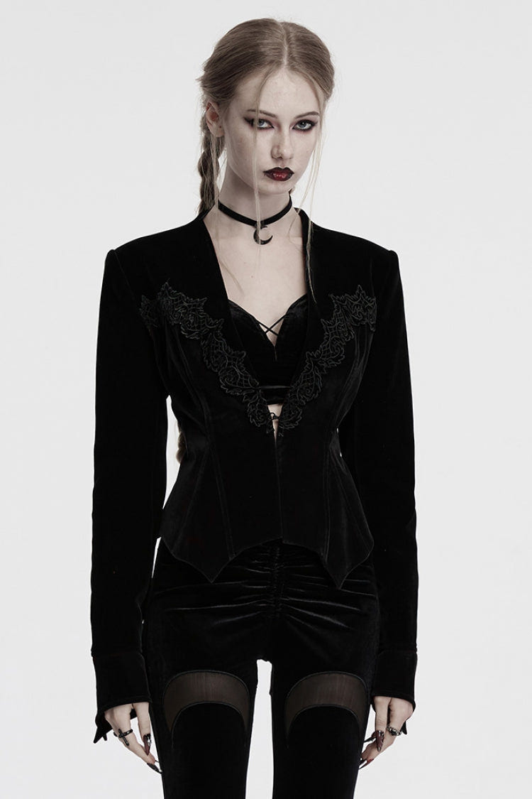 Black V Collar Long Sleeves Floral Embroidery Lace-Up Women's Gothic Jacket - Black - 1