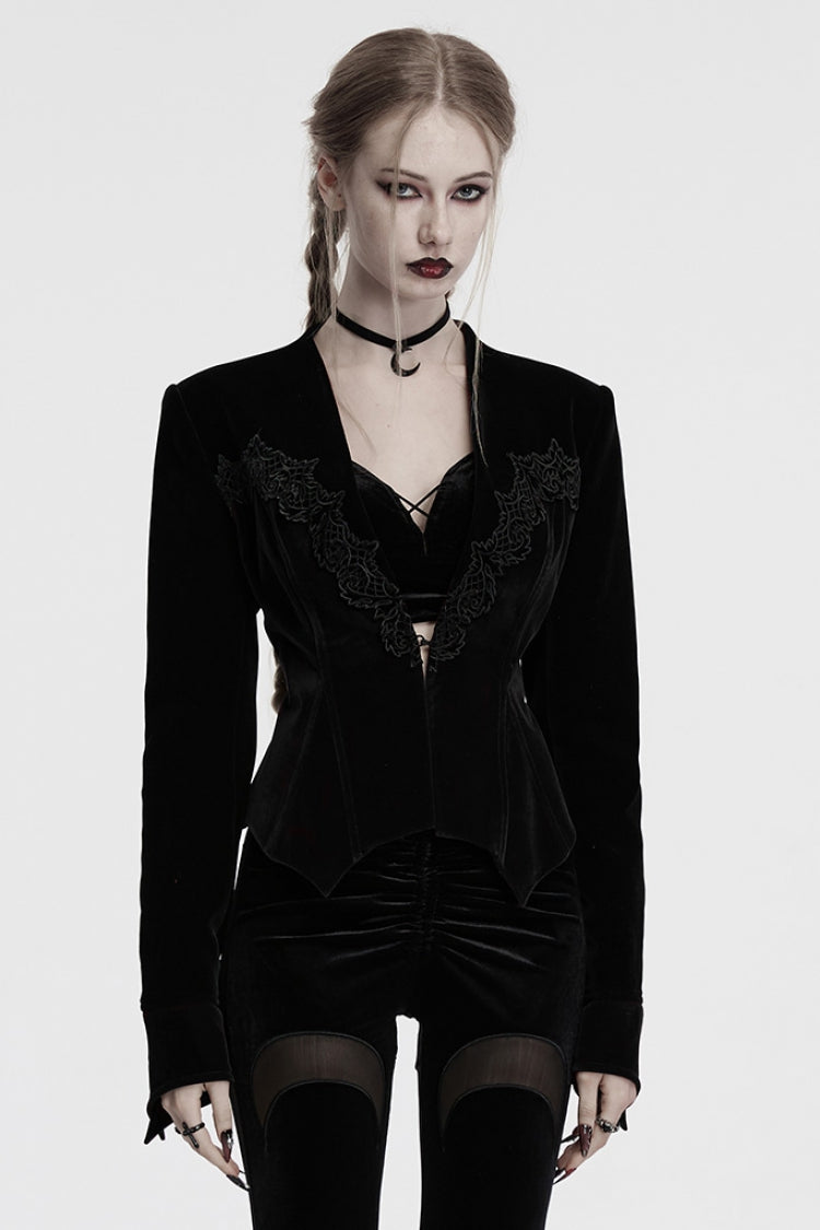 Black V Collar Long Sleeves Floral Embroidery Lace-Up Women's Gothic Jacket - Black - 1