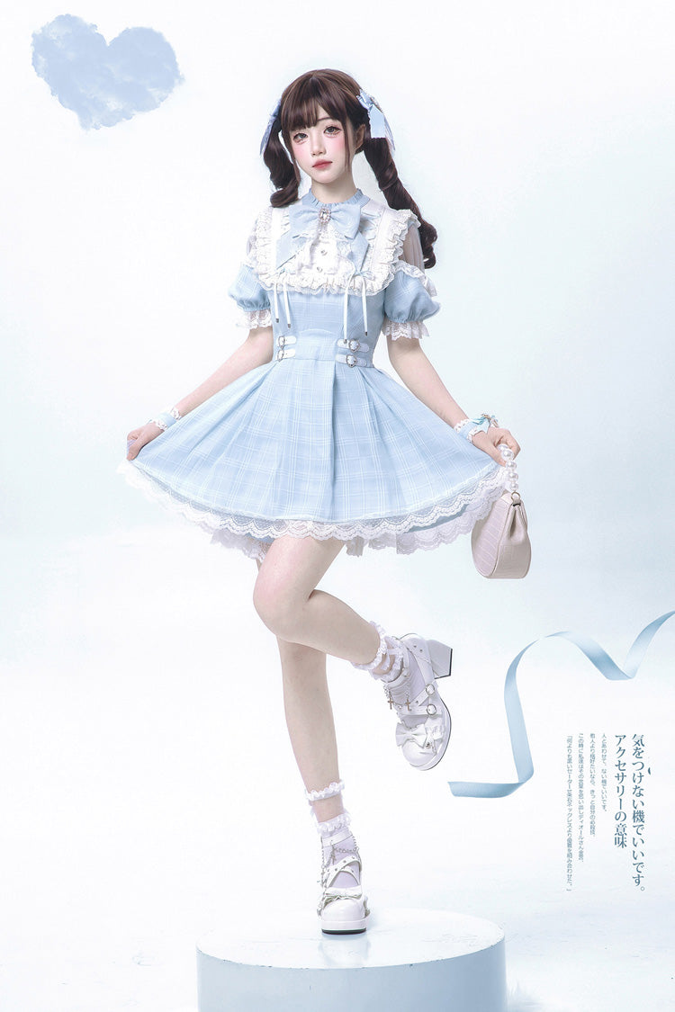 Blue/Aqua Short Sleeves Plaid Printed Ruffled Lace Sweet Jirai Kei Japanese Lolita Dress - Product - 8