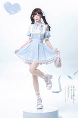 Blue/Aqua Short Sleeves Plaid Printed Ruffled Lace Sweet Jirai Kei Japanese Lolita Dress - Product - 8