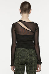 Black Long Sleeves Hollow Mesh Drawstring Women's Gothic T-Shirt - Product - 3